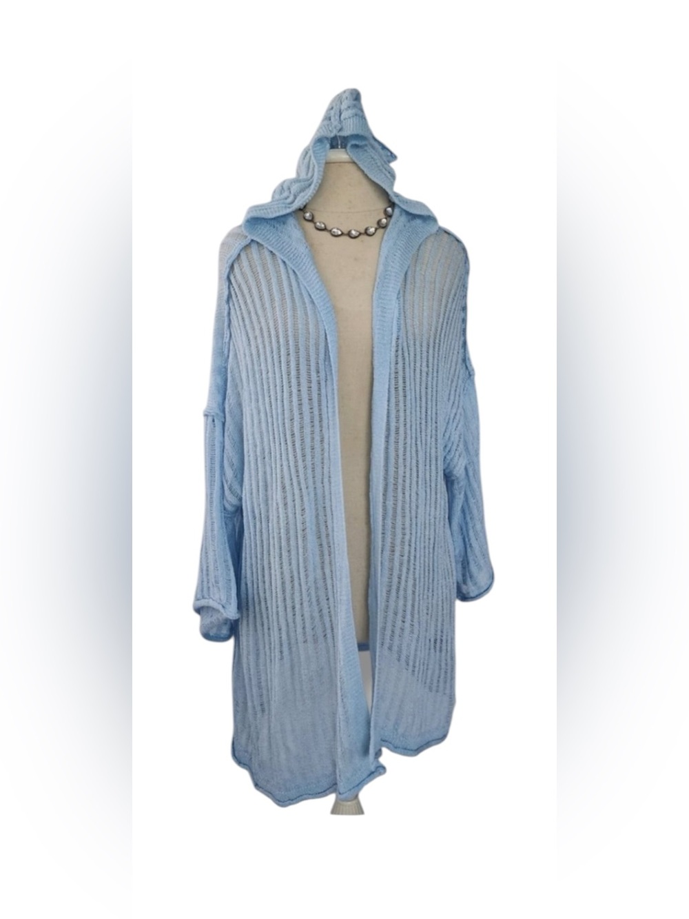 New POL Open Knit Blue Hooded Open Front Slouchy Boho Cardigan Duster M